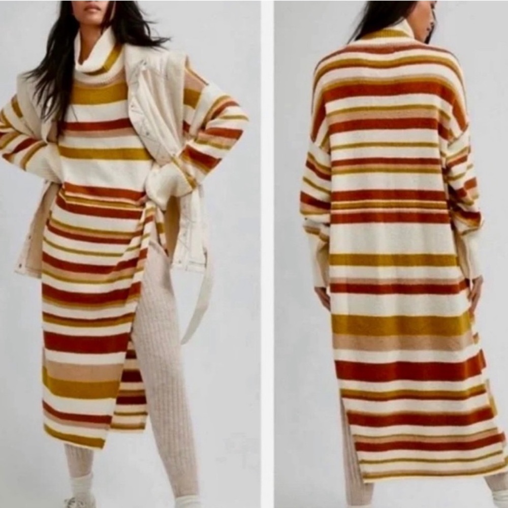 Free People Beach Atlas Pullover Turtleneck Sweater Dress Stripe Bronze Combo